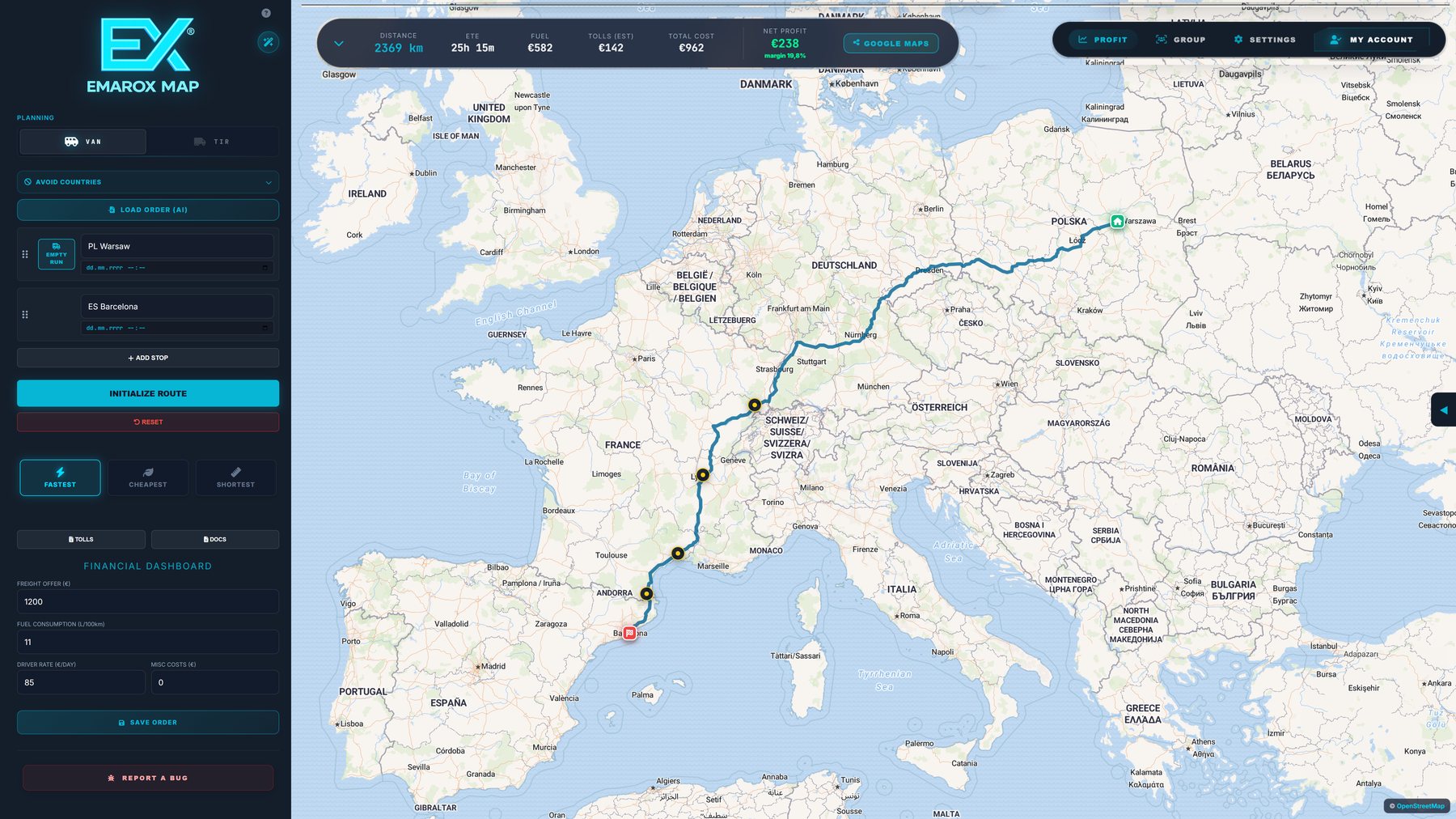 Emarox Map: trasa z Warszawy do Barcelony, na górnym pasku dystans, czas, paliwo, myto, koszt i zysk