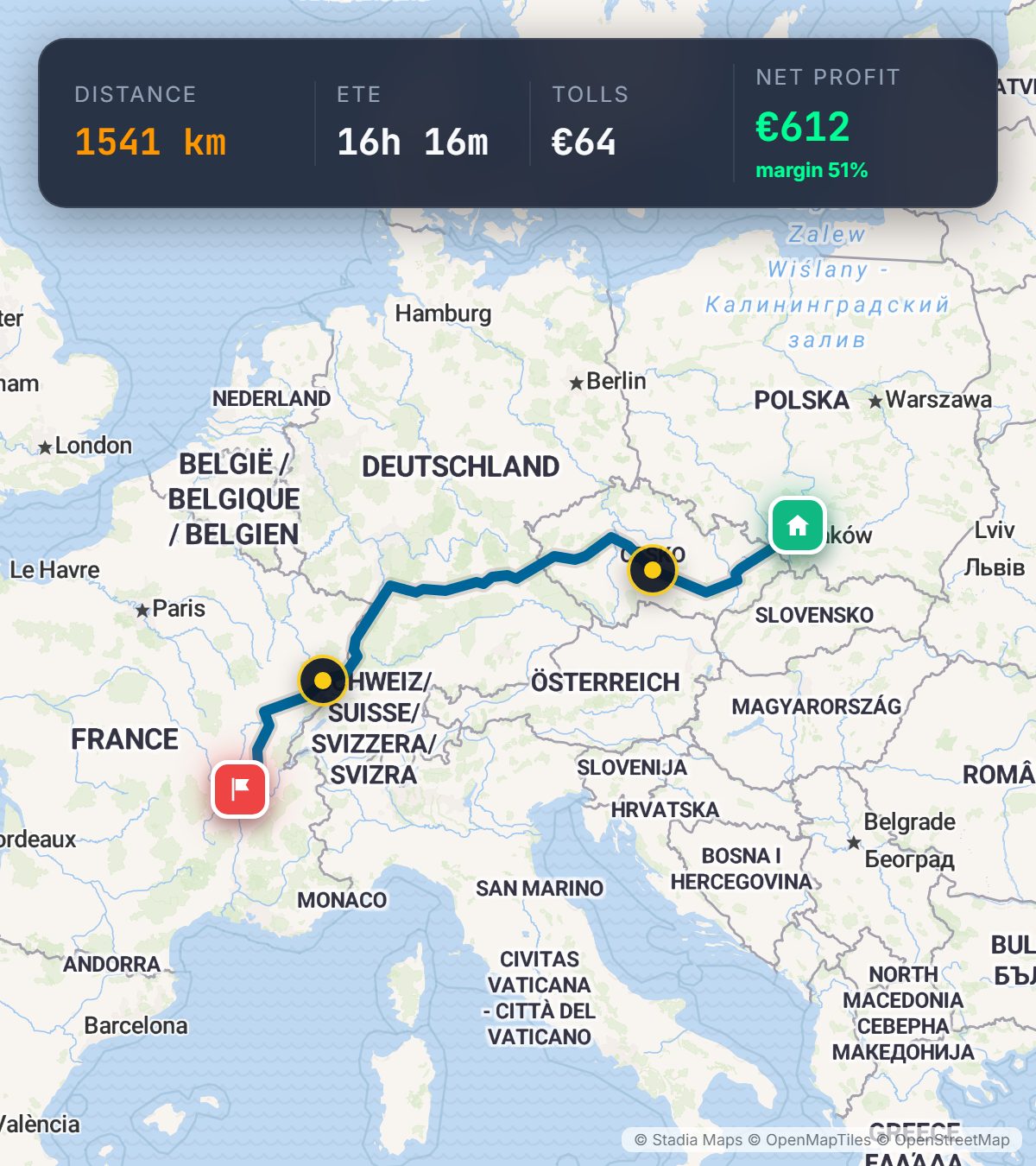 Emarox Map: trasa busa z Katowic do Lyonu, 1541 km, myto 64 €, zysk 612 €